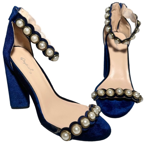 Qupid Shoes - Qupid Heels 7 Blue Velvet w/ Pearl Accents